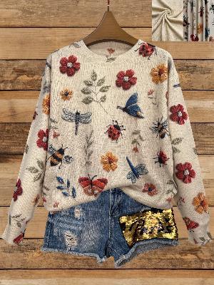 Floral & Dragonfly Printed Sweater For Fall & Winter - Urban Groove