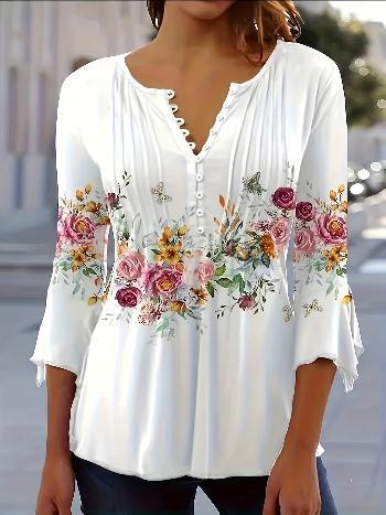 Women's Floral Print Notched Neck Button Front Blouse for Spring and Summer - Casual and Stylish - Urban Groove