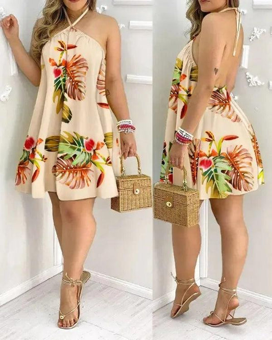 Tropical Print Halter Neck Dress For Spring & Summer - Urban Groove