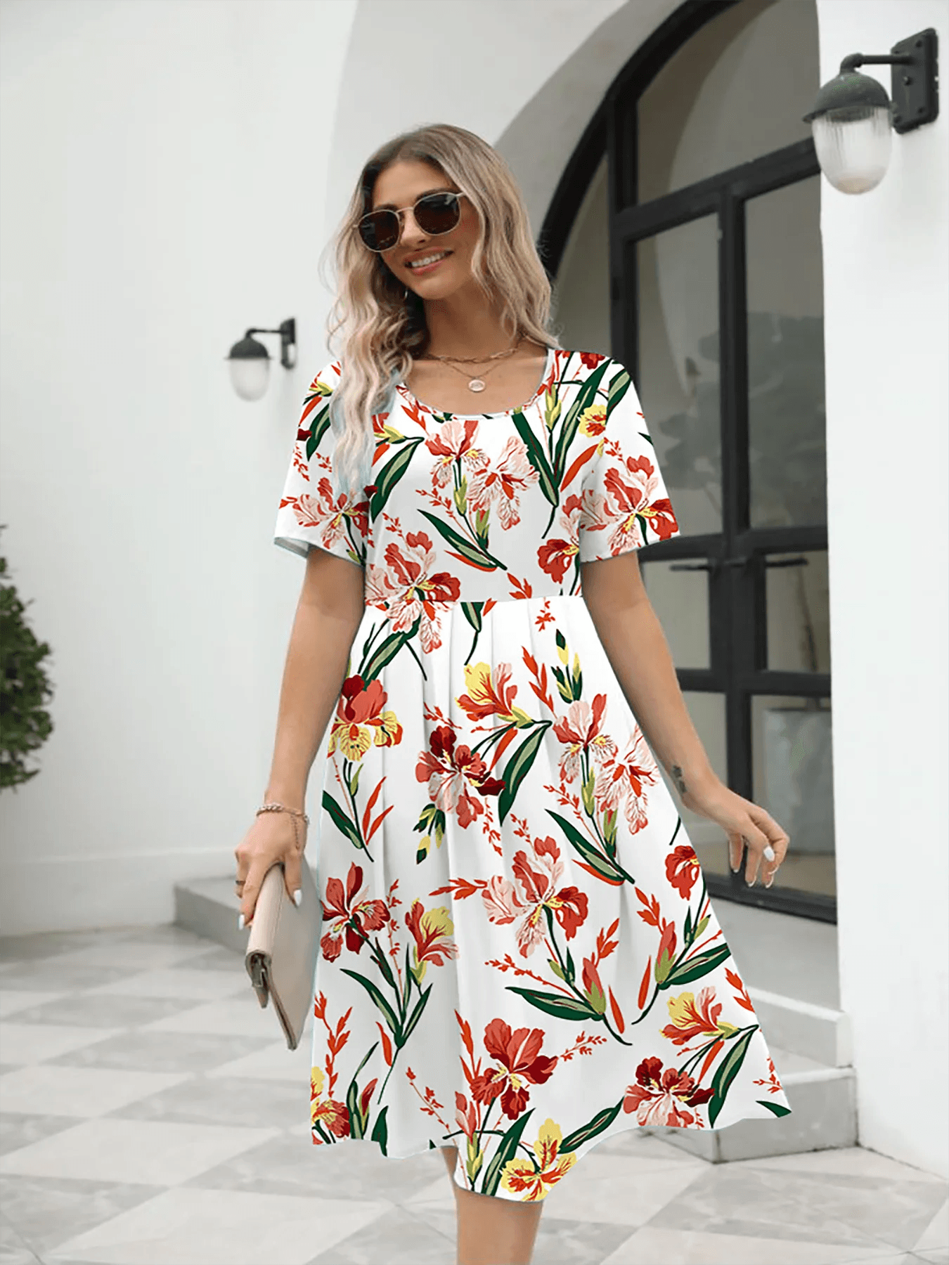 New Women's Fashion and Elegant Printed Round Neck Short Sleeve Zipper Dress - Urban Groove