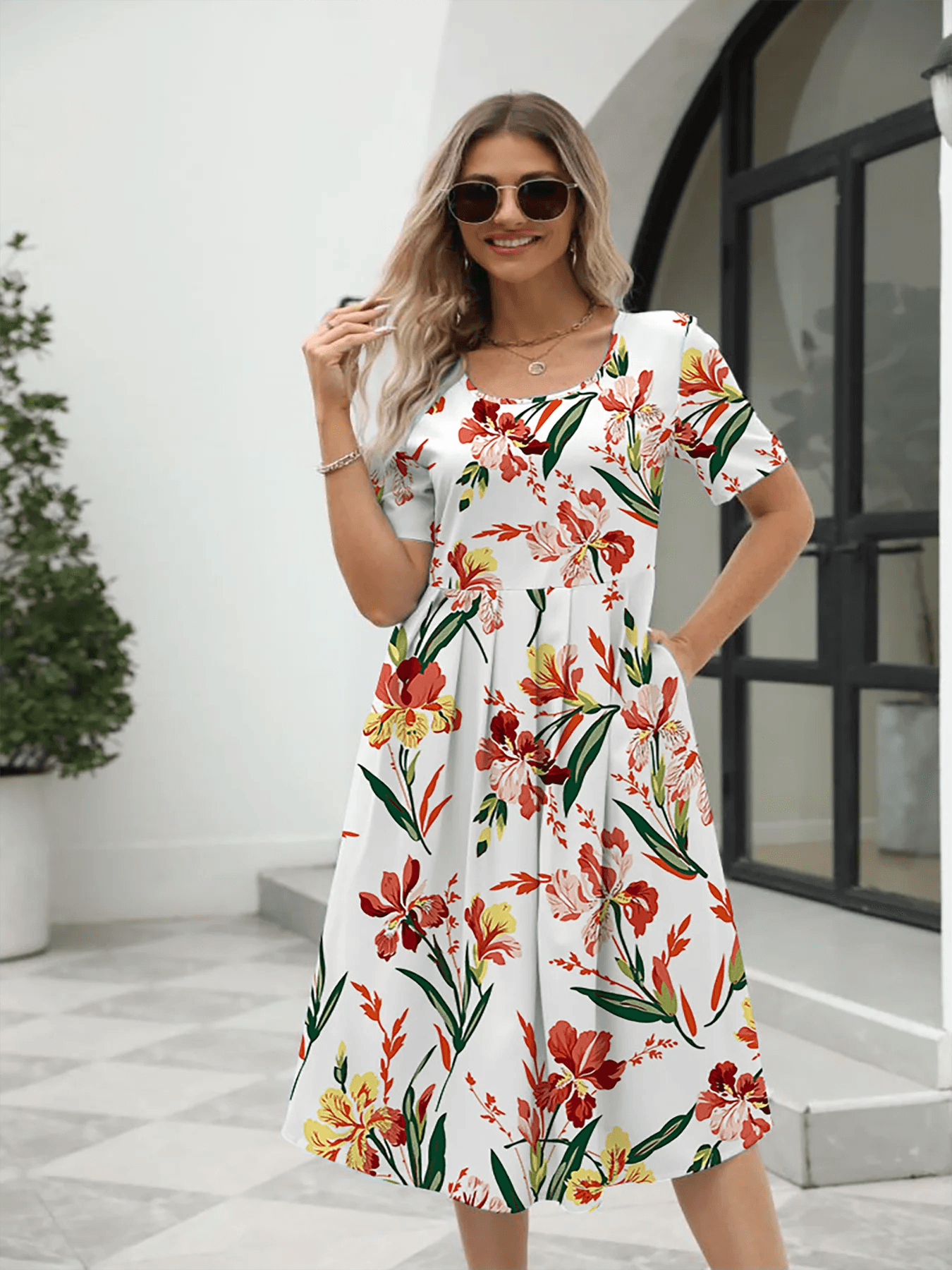 New Women's Fashion and Elegant Printed Round Neck Short Sleeve Zipper Dress - Urban Groove