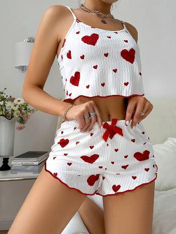 Heart Print Cami Top & Bow Decor Elastic Waist Shorts Outfits For Summer - Urban Groove