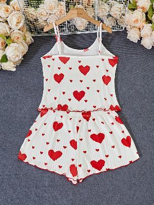 Heart Print Cami Top & Bow Decor Elastic Waist Shorts Outfits For Summer - Urban Groove