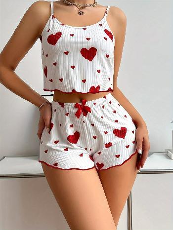 Heart Print Cami Top & Bow Decor Elastic Waist Shorts Outfits For Summer - Urban Groove