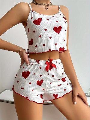 Heart Print Cami Top & Bow Decor Elastic Waist Shorts Outfits For Summer - Urban Groove